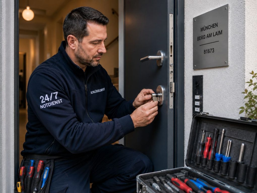 Professioneller Schlosswechsel in Berg am Laim - R.Danis Schlüsseldienst Professionelle Hände beim Einbau eines modernen Sicherheitszylinders in Wohnungstür
