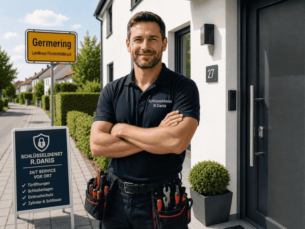 Zertifizierter Schlüsseldienst Techniker mit Werkzeugtasche und professioneller Ausrüstung in Germering