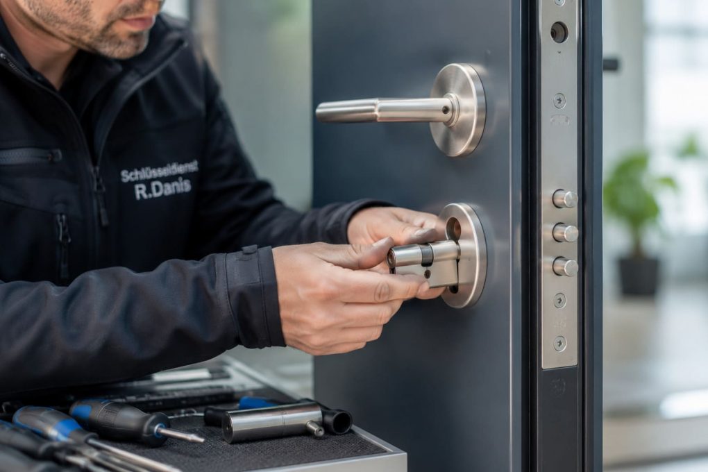 Professioneller Schlosswechsel in Giesing - R.Danis Schlüsseldienst Professionelle Hände beim Einbau eines modernen Sicherheitszylinders in moderne Wohnungstür