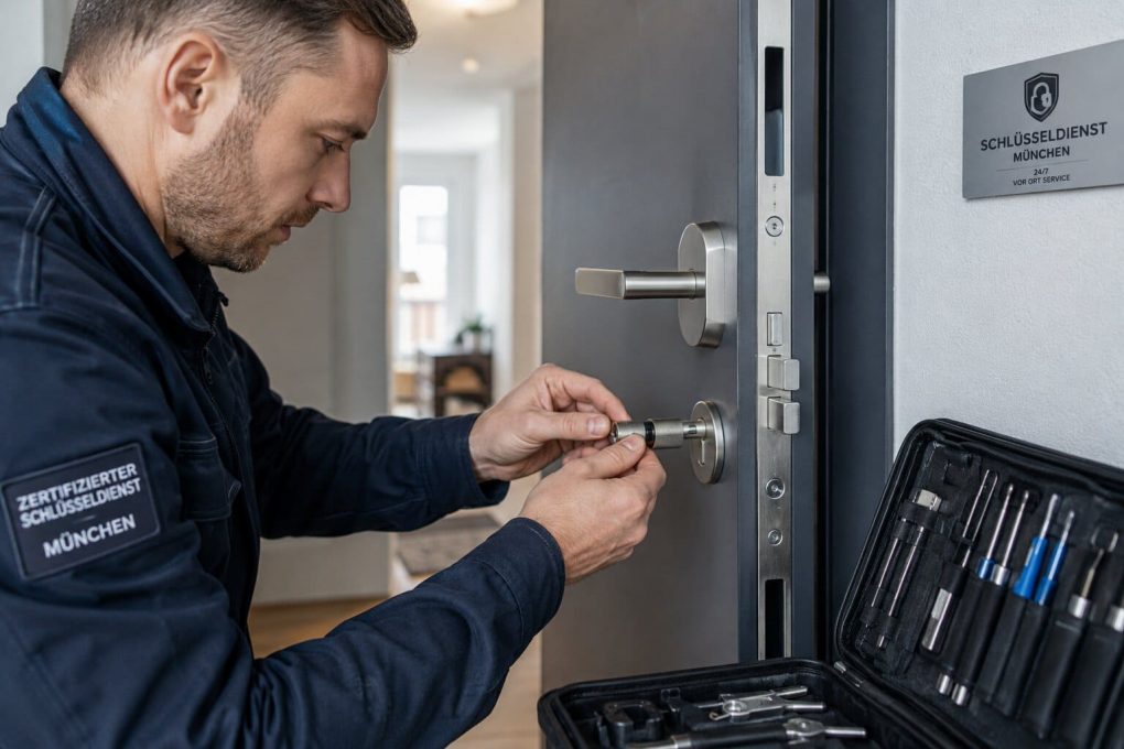 Professioneller Schlosswechsel in Hadern - R.Danis Schlüsseldienst Professionelle Hände beim Einbau eines modernen Sicherheitszylinders in eine Wohnungstür