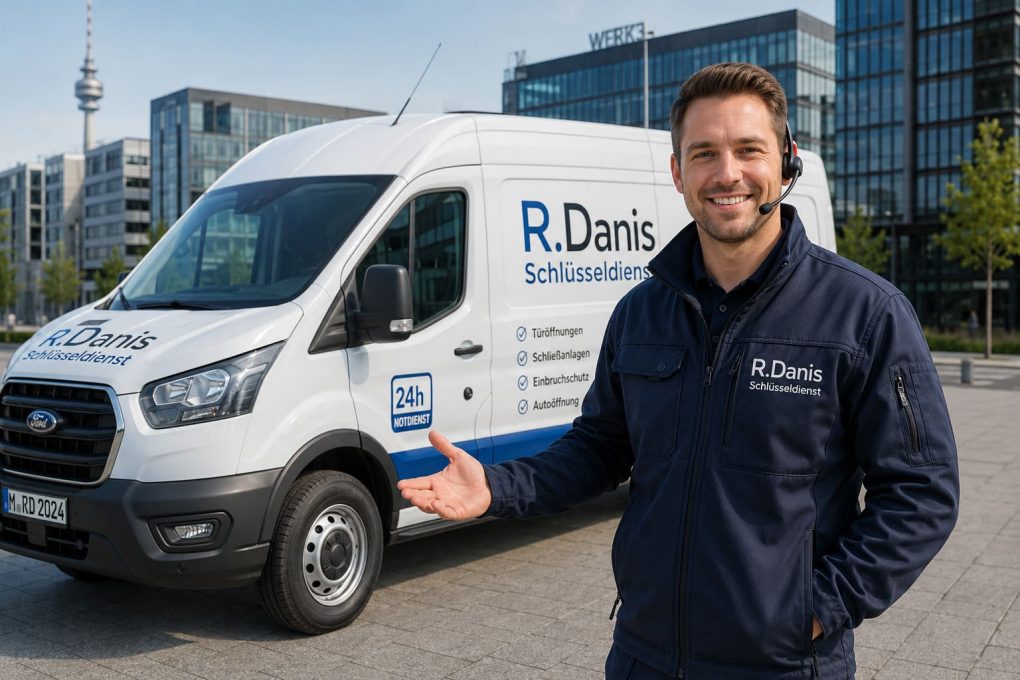 Freundlicher Schlüsseldienst-Mitarbeiter in R.Danis Uniform steht vor Firmenfahrzeug München