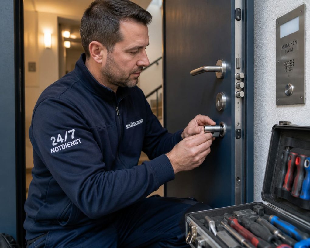 Professioneller Schlosswechsel in Laim - R.Danis Schlüsseldienst Professionelle Hände beim Einbau eines modernen Sicherheitszylinders in Wohnungstür