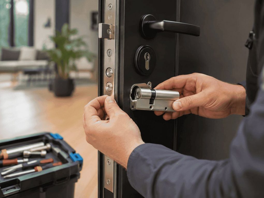 Professionelle Hände beim Einbau eines modernen Sicherheitszylinders in eine Wohnungstür