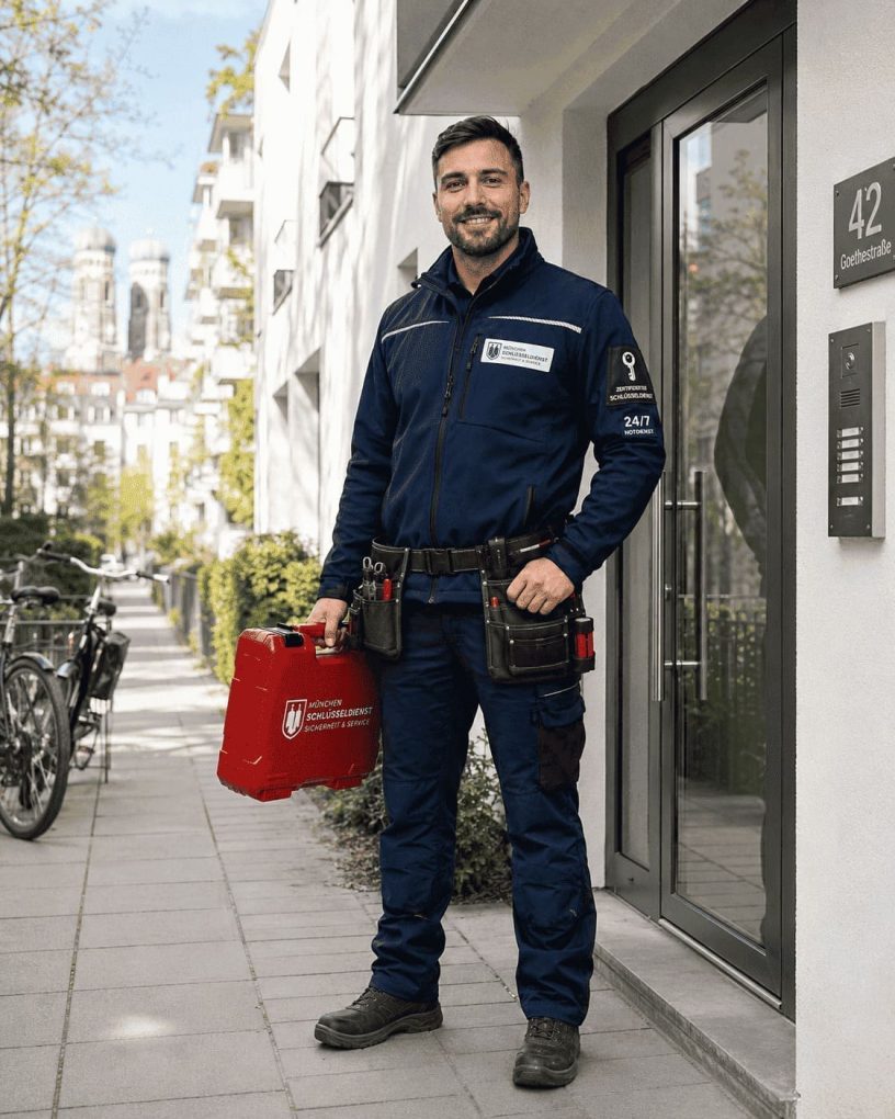 Zertifizierter Schlüsseldienst Techniker mit Werkzeugtasche und professioneller Ausrüstung in Ludwigsvorstadt