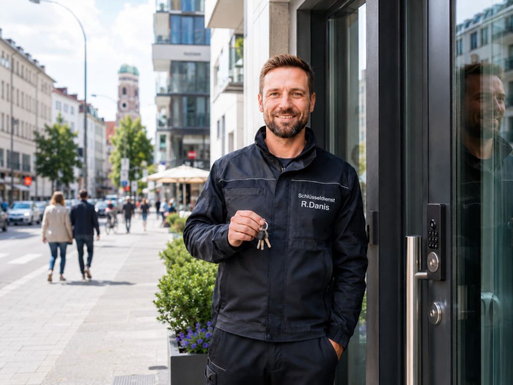 Moderner urbaner Stadtteil Maxvorstadt mit Schlüsseldienst-Profi an der Haustür