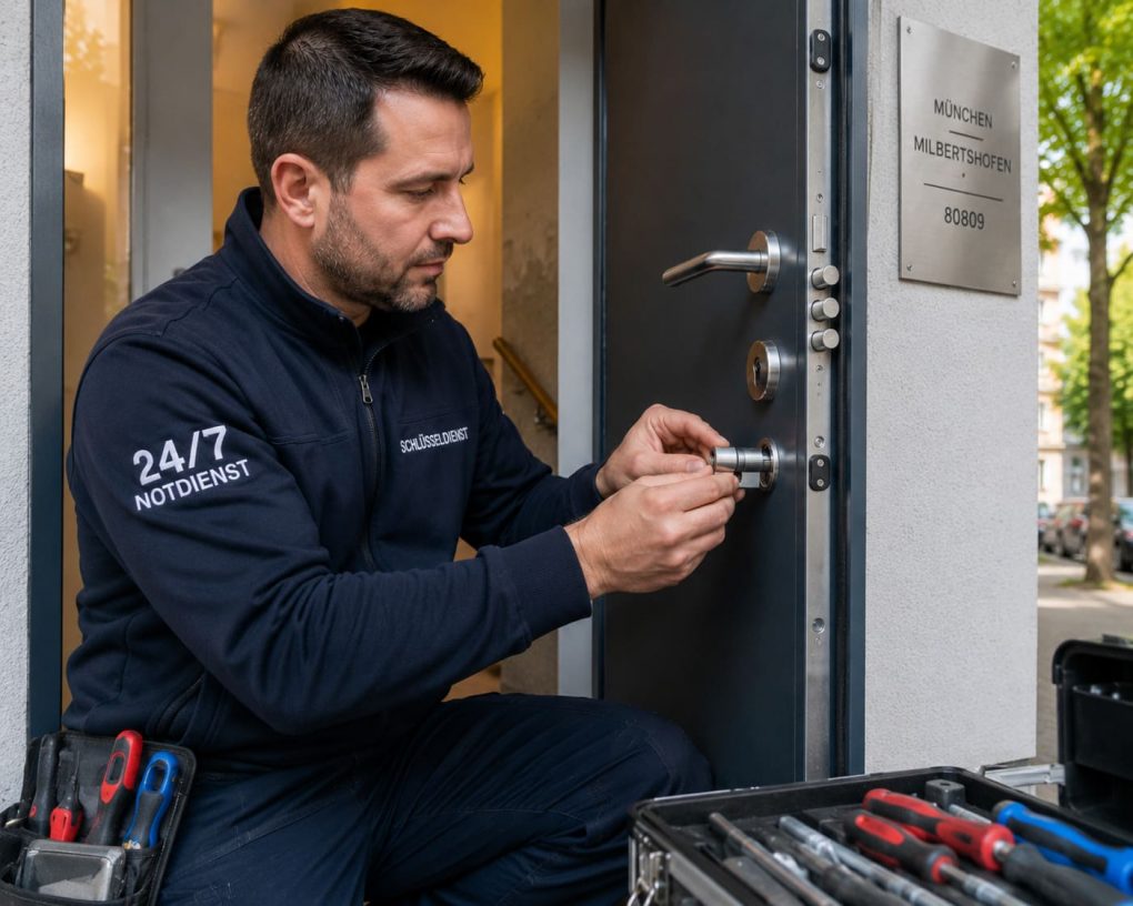 Professionelle Hände beim Einbau eines modernen Sicherheitszylinders in Wohnungstür