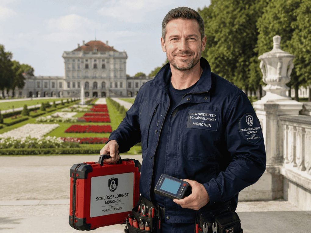 Schlüsseldienst Nymphenburg - R.Danis München Zertifizierter Schlüsseldienst Techniker mit Werkzeugtasche und professioneller Ausrüstung in Nymphenburg