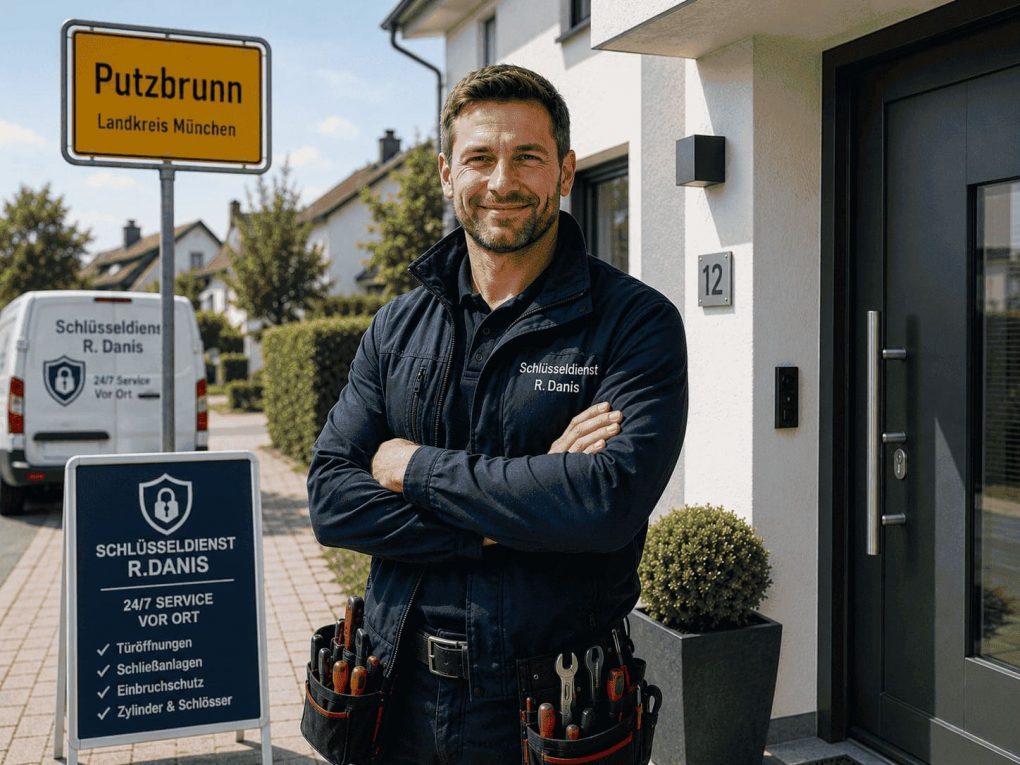 Zertifizierter Schlüsseldienst Techniker mit Werkzeugtasche und professioneller Ausrüstung in Putzbrunn