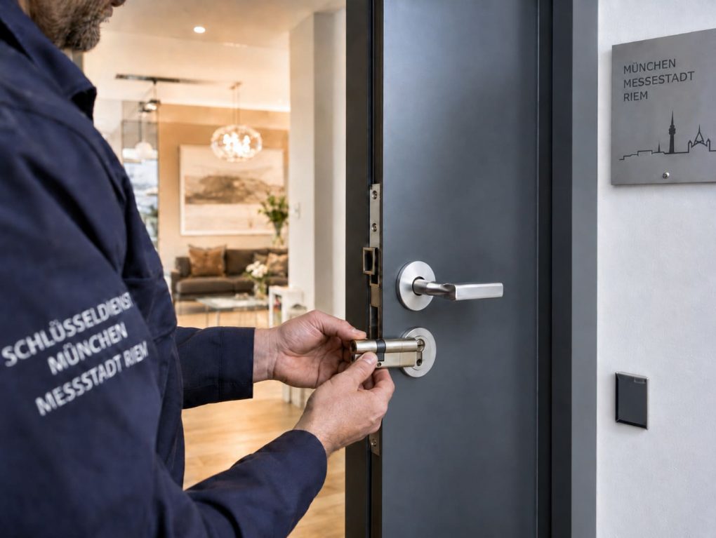 Schlosswechsel München Riem – Montage eines modernen Sicherheitszylinders auf zeitgenössischer Wohnungstür