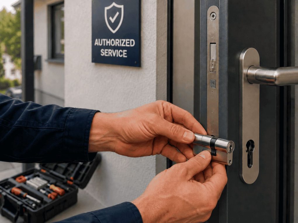 Professionelle Hände beim Einbau eines modernen Schlosses in eine Wohnungstür