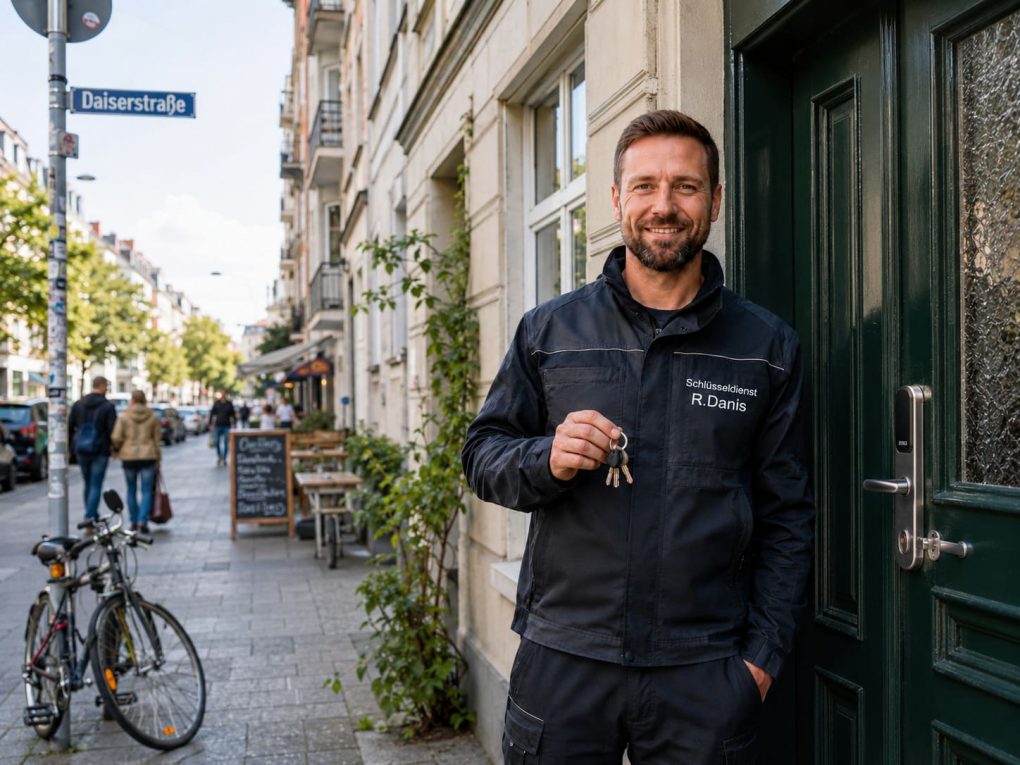 Traditioneller Stadtteil Sendling mit Schlüsseldienst-Profi an der Haustür
