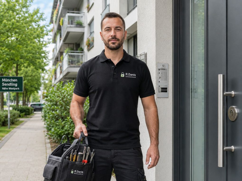 Junger Mann vor Sendlinger Wohngebäude mit moderner Haustür und Schloss am Westpark