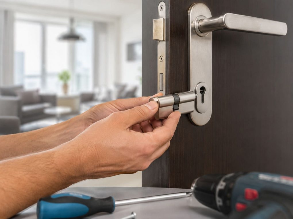 Professionelle Hände beim Einbau eines modernen Sicherheitszylinders in eine Wohnungstür