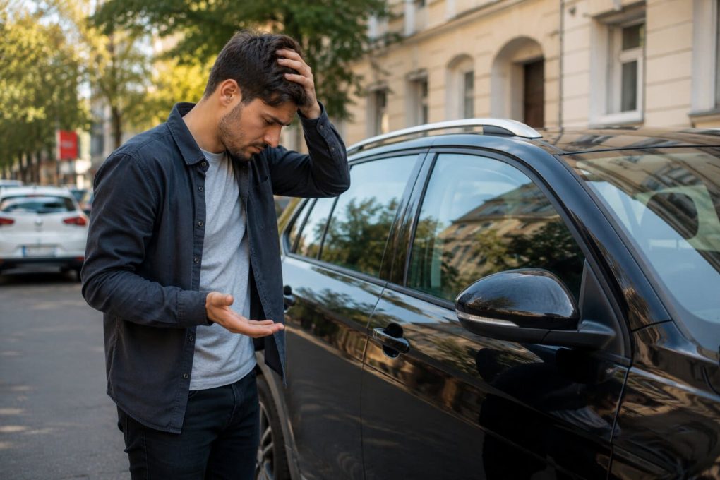 Person steht besorgt neben Auto mit verlorenem Schlüssel München Notfall