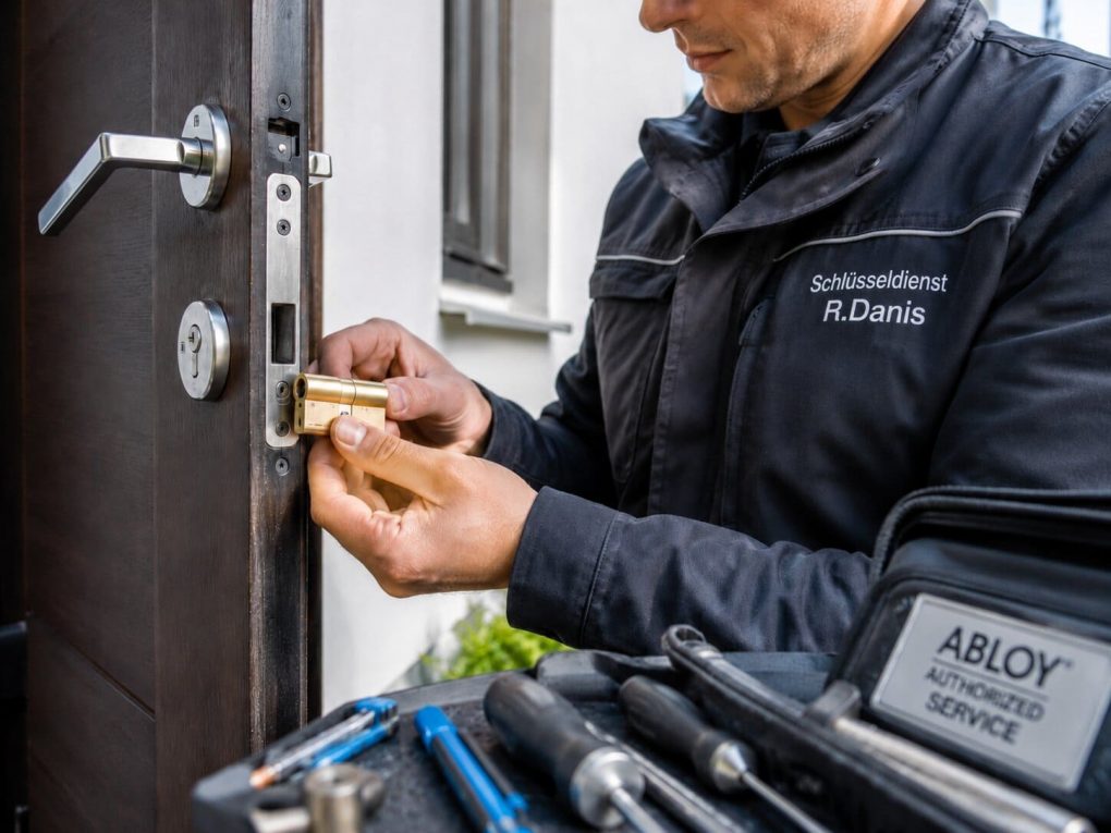 Schließzylinder Wechsel München – Techniker bei der Montage Techniker montiert neuen Schließzylinder an Wohnungstür München