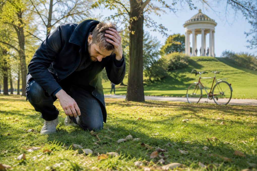 Person sucht verlorenen Schlüssel im Park München