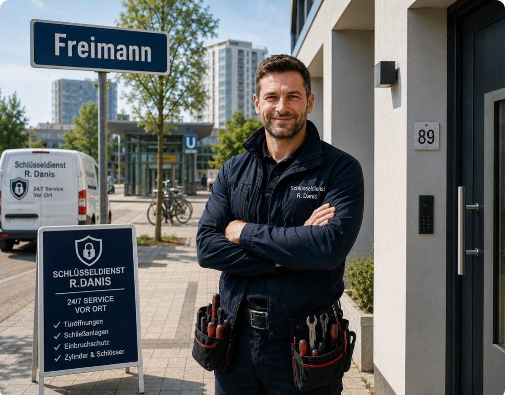 Schlüsseldienst R.Danis Techniker in Freimann mit Werkzeug vor moderner Haustür und Firmenfahrzeug