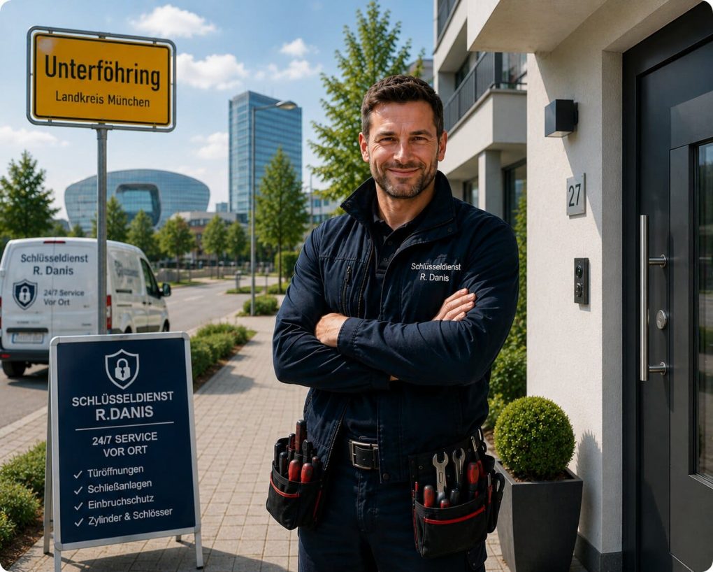 Schlüsseldienst R.Danis Techniker in Unterföhring mit Werkzeuggurt vor moderner Haustür, Firmenfahrzeug und Unterföhring-Schild im Hintergrund