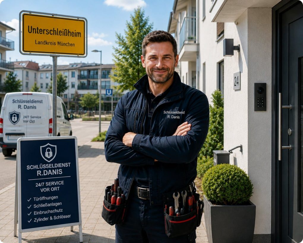 Schlüsseldienst R.Danis Techniker in Unterschleißheim mit Werkzeug vor moderner Wohnhaustür und Firmenfahrzeug