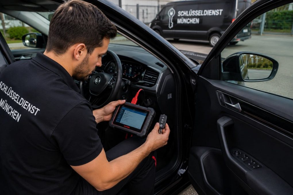 Techniker programmiert neuen Auto-Schlüssel direkt am Fahrzeug München
