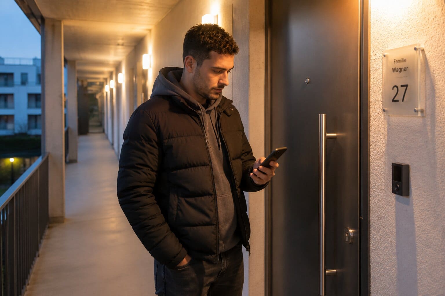 Person wartet vor zugefallener Haustür in München – Schlüsseldienst Notfall Person wartet stressig vor zugefallener Haustür in München – Notfall Schlüsseldienst Situation